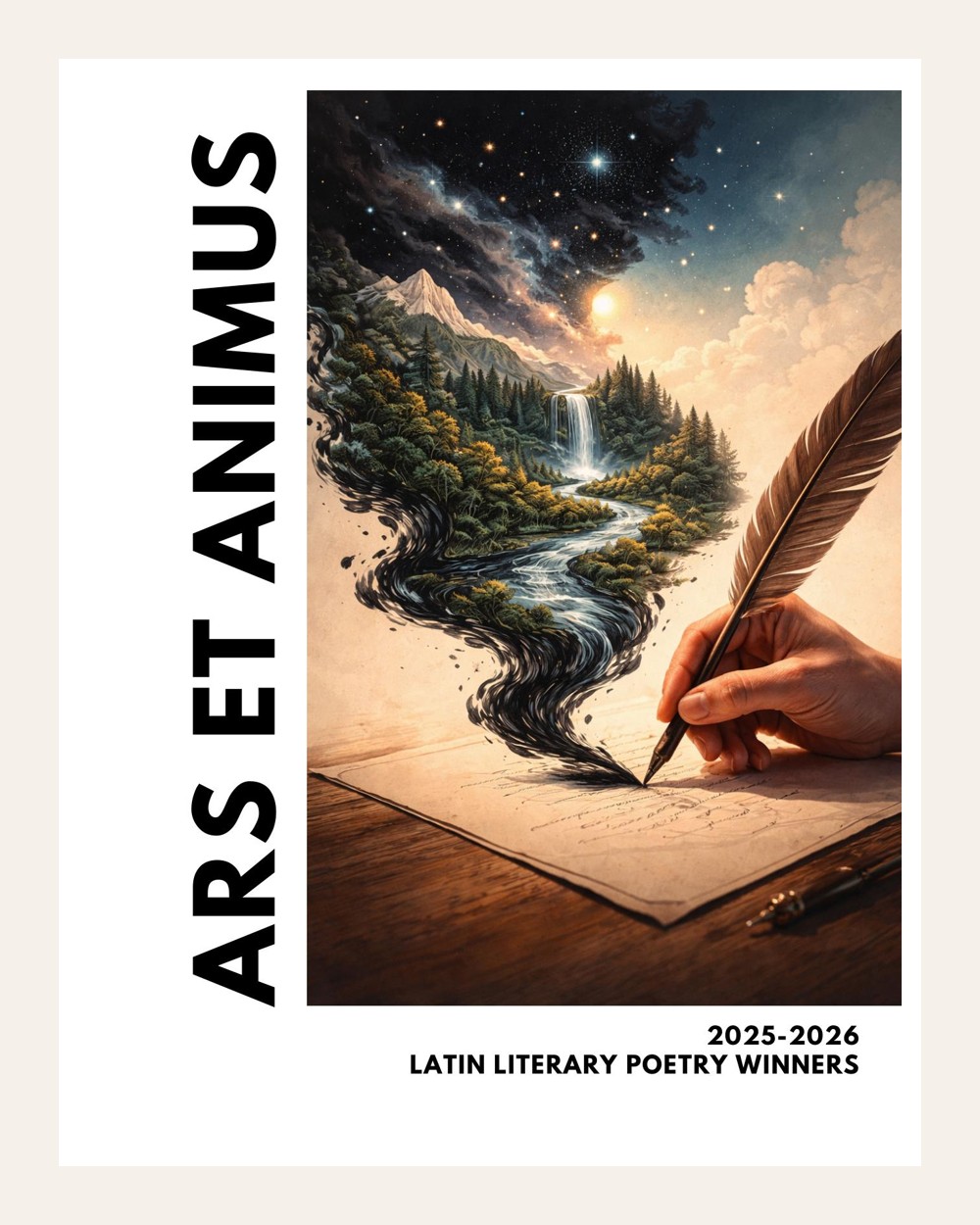 Ars et Animus 2025–2026 Latin Literary Poetry Winners cover with a quill transforming into a river and mountain landscape