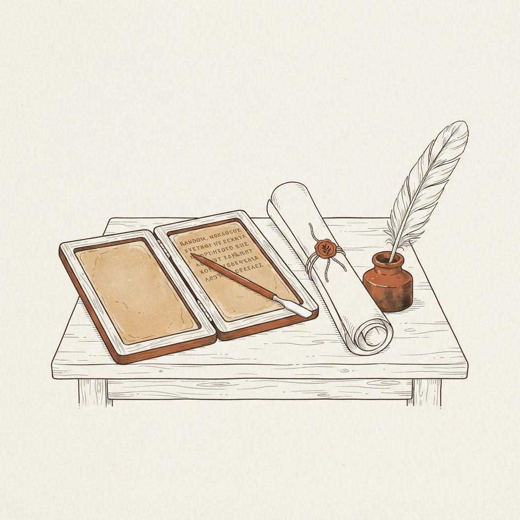 Line-art illustration of a wax tablet, stylus, scroll, and inkwell with a quill
