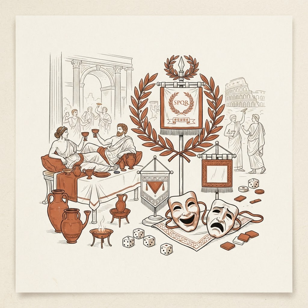 Line-art illustration of a Roman banquet with a laurel trophy, theatrical masks, and dice