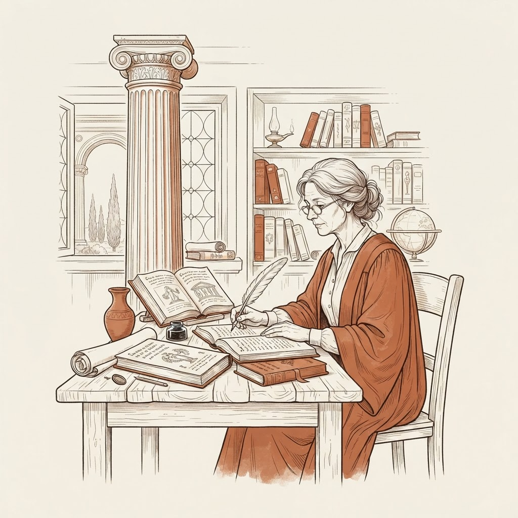 Line-art illustration of Magistra Dougherty writing at a desk beside a classical column