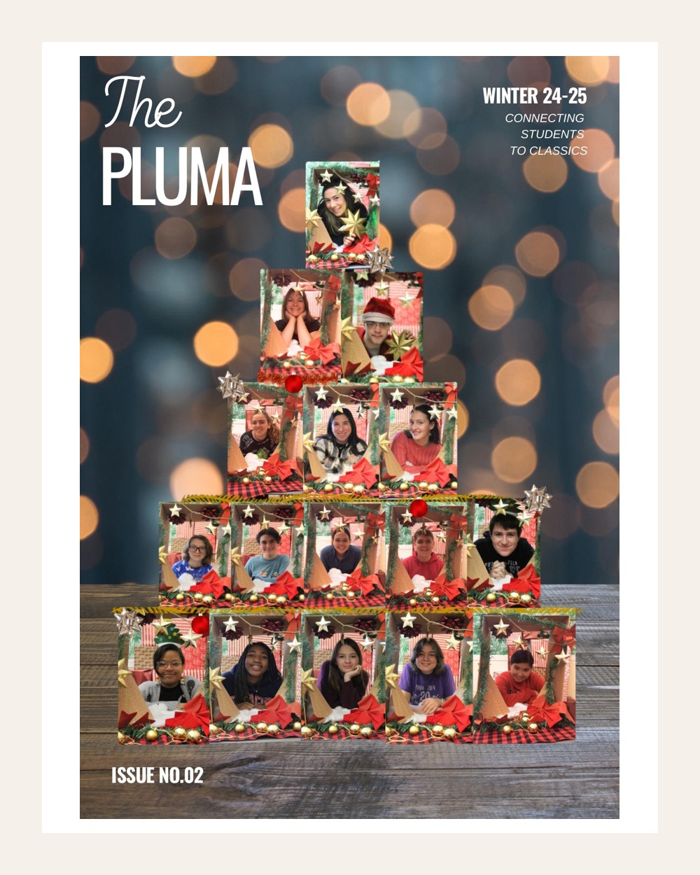 Winter 2024–2025 cover of The PLUMA featuring student portraits arranged as a holiday tree