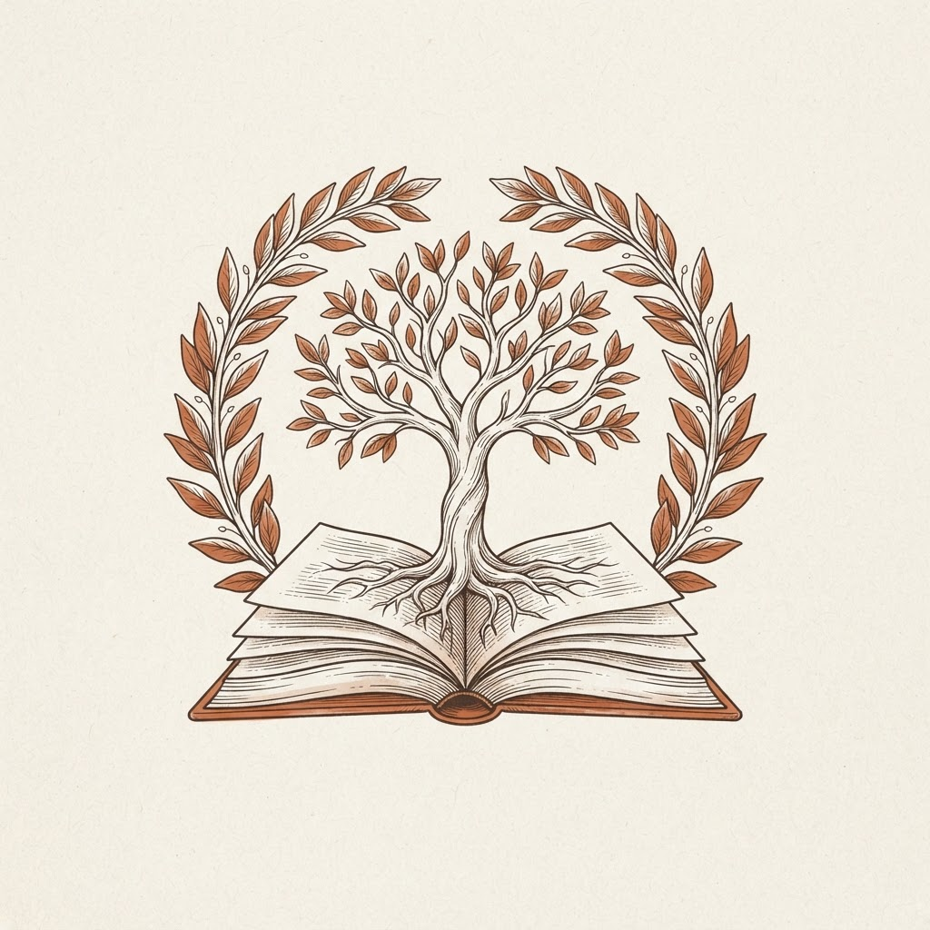 Line-art illustration of a tree growing from an open book, framed by a laurel wreath